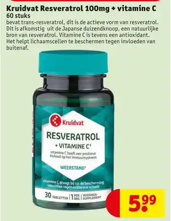 Kruidvat Kruidvat Resveratrol 100mg + vitamine C 60 stuks aanbieding