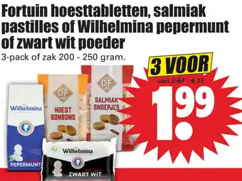 Dirk Fortuin Hoesttabletten, Salmiak pastilles of Wilhelmina pepermunt of Zwart wit poeder 3st aanbieding