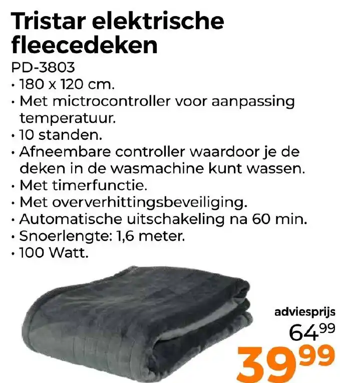 Tristar Elektrische Heizdecke 180x120cm - Fleece Maschinenwaschbar Mit Fernbedienung | 10 Temperaturstufen