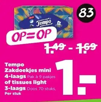 PLUS Tempo Zakdoekjes mini 4-laags of tissues light 3-laags aanbieding