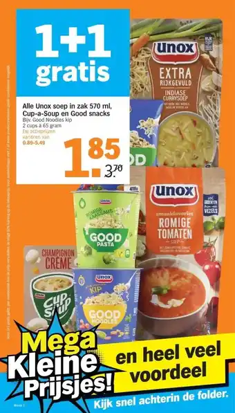 Albert Heijn Alle unox soep in zak 570 ml, cup-a-soup en good snacks bijv. good noodles kip 2 cups à 65 gram de actieprijzen variëren van  aanbieding