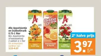 Albert Heijn Alle appelsientje en dubbeldrank 0.75-1 liter bijv. appelsientje sinaasappelsap 2 pakken à 1 liter de actieprijzen variëren v aanbieding