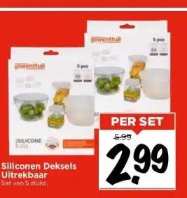 Vomar Voordeelmarkt Siliconen deksels uitrekbaar set van 5 stuks. aanbieding