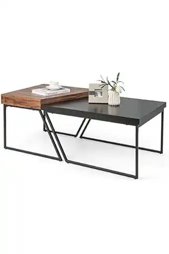 Amazon COSTWAY Set van 2 industriële tafels, houten salontafel met metalen frame, bijzettafel 60 x 60 x 46 cm + 80 x 60 x 42 cm aanbieding