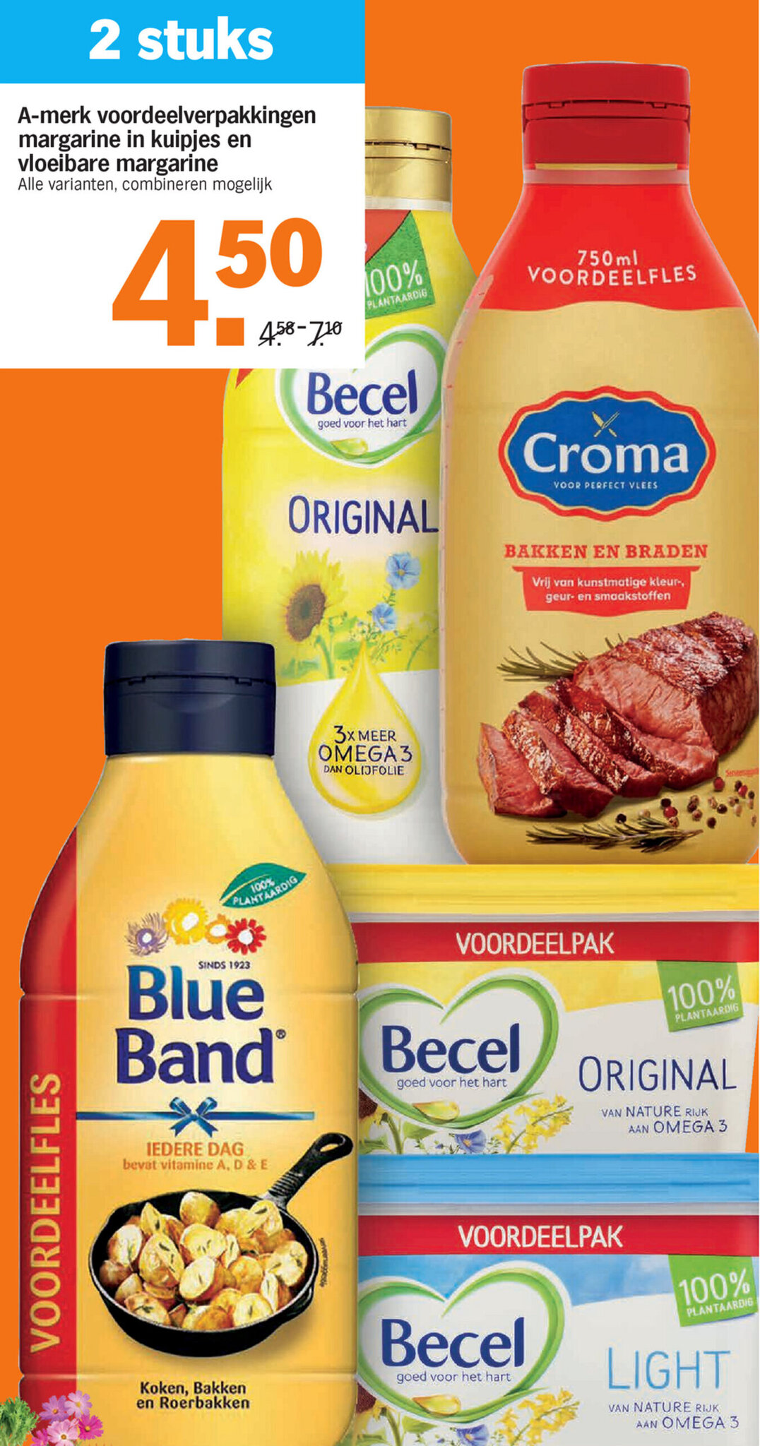 Amerk voordeelverpakkingen margarine in kuipjes en vloibare margarine aanbieding bij Albert Heijn