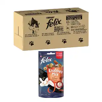 Zooplus 120 x 85 g felix natvoer + 60 g knabbel mix grillpret snack gratis! - vleesmix 1 (rundvlees, kip, eend, lam) aanbieding