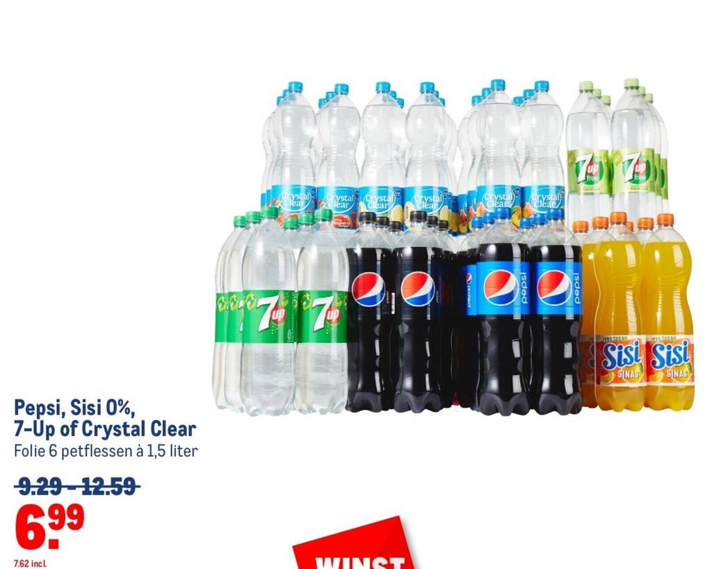 Pepsi, Sisi 0%, 7-Up of Crystal Clear 1.5 liter aanbieding bij Makro