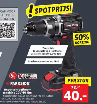 Lidl PARKSIDE Accu-schroefboormachine 20V 60 Nm aanbieding