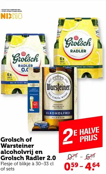 Coop Grolsch of Warsteiner alcoholvrij en Grolsch Radler 2.0 aanbieding