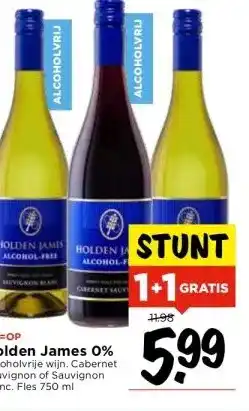 Vomar Voordeelmarkt Op=op holden james 0% alcoholvrije wijn. cabernet sauvignon of sauvignon blanc. fles 750 ml aanbieding