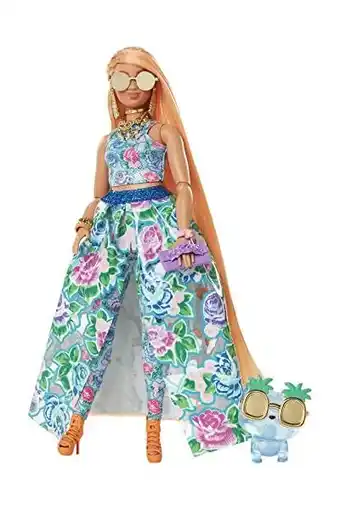 Amazon ​barbie extra fancy pop, curvy pop met 2-delige bloemenjurk, met kitten, extra lang haar en accessoires, beweegbare gewrichte aanbieding