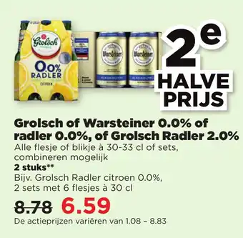 PLUS Grolsch of Warsteiner 0.0% of radler 0.0%, of Grolsch Radler 2.0% aanbieding