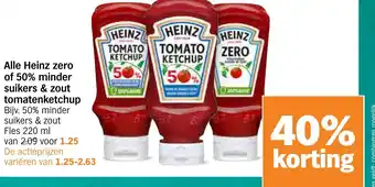 Albert Heijn Alle Heinz zero of 50% minder suikers & zout tomatenketchup aanbieding