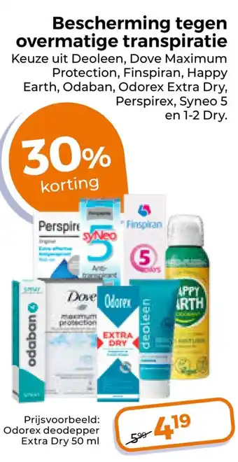 Trekpleister Keuze uit Deoleen, Dove Maximum Protection, Finspiran, Happy Earth, Odaban, Odorex Extra Dry, Perspirex, Syneo 5 en 1-2 Dry. aanbieding