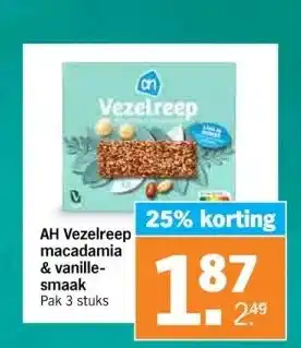 Albert Heijn Ah vezelreep macadamia & vanillesmaak pak 3 stuks. aanbieding