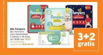 Albert Heijn Alle pampers bijv. harmonie. aqua babydoekjes 5 pakken à 48 stuks van 16.95 voor 10.17 de actieprijzen variëren van 8.67-67.4 aanbieding