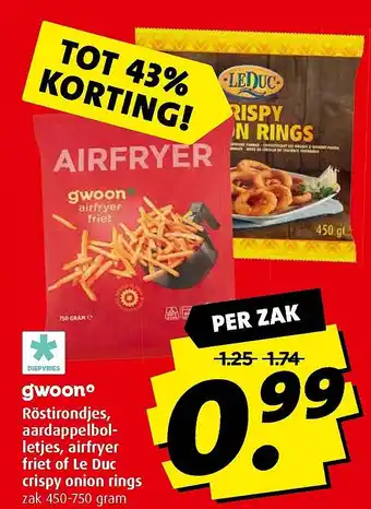 Boni gwoono Röstirondjes, aardappelbol- letjes, airfryer friet of Le Duc crispy onion rings aanbieding