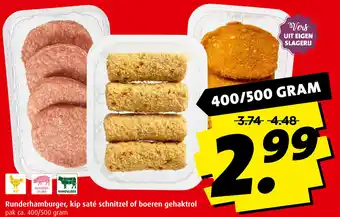 Boni Runderhamburger, kip saté schnitzel of boeren gehaktrol aanbieding