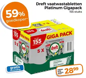 Trekpleister Dreft vaatwastabletten Platinum Gigapack aanbieding