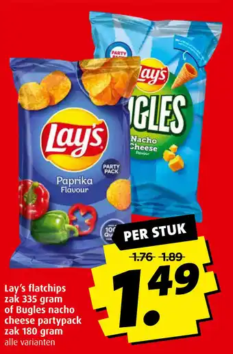 Boni Lay's flatchips zak 335 gram of Bugles nacho cheese partypack zak 180 gram aanbieding