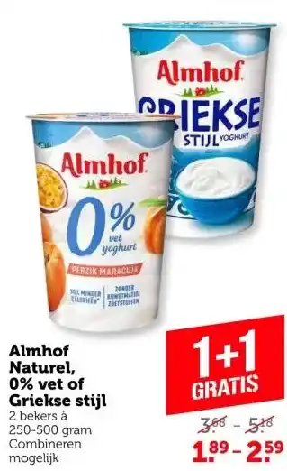 Coop Almhof naturel, 0% vet of griekse stijl 2 bekers à aanbieding