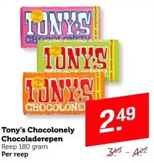 Coop Tony's chocolonely chocoladerepen reep 180 gram per reep aanbieding