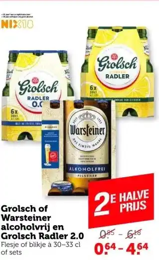 Coop Grolsch of warsteiner alcoholvrij en grolsch radler 2.0 flesje of blikje à 30-33 cl of sets aanbieding