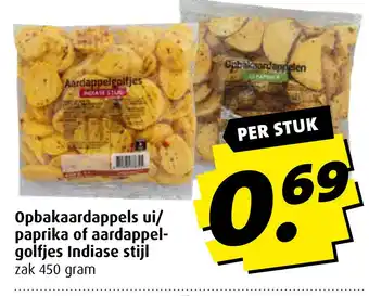 Boni Opbakaardappels ui/ paprika of aardappel- golfjes Indiase stijl 450 gram aanbieding