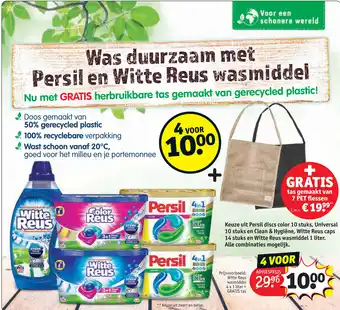 Kruidvat Keuze uit Persil discs color 10 stuks, Universal 10 stuks en Clean & Hygiëne, Witte Reus caps 14 stuks en Witte Reus wasmidde aanbieding