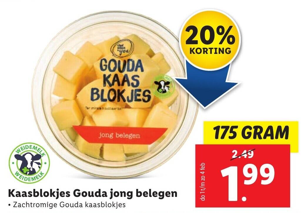 Kaasblokjes Gouda jong belegen 175g aanbieding bij Lidl