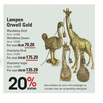 Sligro Lampen Orwell Gold : Wandlamp Giraf, Wandlamp Zwaan, Vloerlamp Giraf Of Vloerlamp Vogel 20% Korting aanbieding