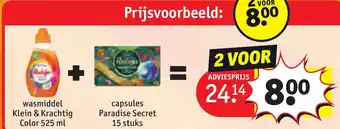 Kruidvat wasmiddel Klein & Krachtig Color 525 ml capsules Paradise Secret 15 stuks aanbieding