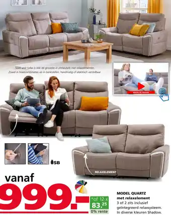 Seats and Sofas Model quartz met relaxelement aanbieding