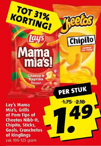 Boni Lay's Mama Mia's, Grills of Pom Tips of Cheetos Nibb-lt, Chipito, Sticks, Goals, Crunchetos of Ringlings 100-125 gram aanbieding