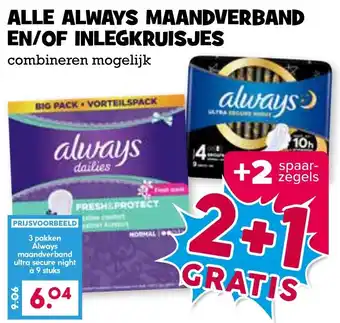 Boon`s Markt ALLE ALWAYS MAANDVERBAND EN/OF INLEGKRUISJES aanbieding