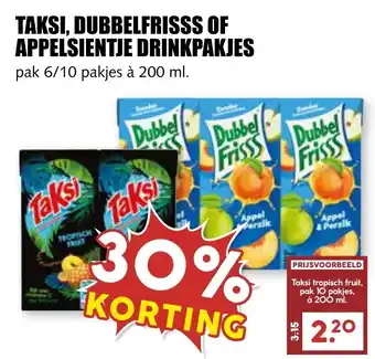 MCD Supermarkt TAKSI, DUBBELFRISSS OF APPELSIENTJE DRINKPAKJES aanbieding