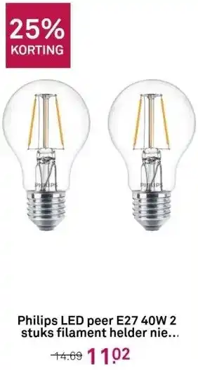 Karwei Philips LED peer E27 40W 2 stuks filament helder niet dimbaar aanbieding