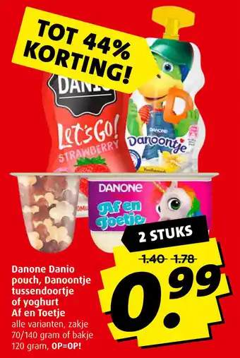 Boni Danone Danio pouch, Danoontje tussendoortje of yoghurt Af en Toetje 120g aanbieding