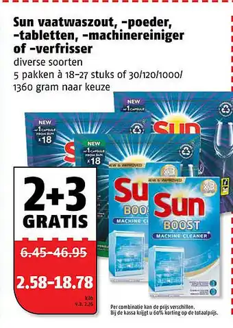 Poiesz Sun vaatwaszout, -poeder, -tabletten, -machinereiniger i of -verfrisser 1360g aanbieding