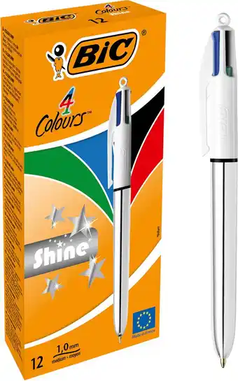 Bol.com BIC 4 Colours Shine Balpennen met Kliksysteem - Metallic Zilveren Lichaam - Doos van 12 Stuks - Medium Punt 1 mm aanbieding