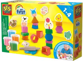Bol.com SES - My First - Kleivormen dieren stapelen - 4 kleuren - 6 verschillende vormen - kartonnen dierhoofdjes - inclusief houten aanbieding