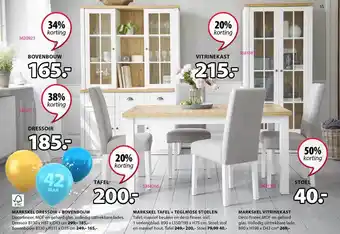 Jysk Markskel dressoir + bovenbouw, markskel tafel + teglmose stoelen, markskel vitrinekast 20% - 50% Korting aanbieding