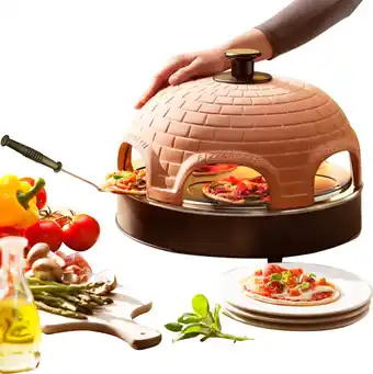 Bol.com Emerio PO-115984 - Pizzarette - 6 persoons - Handgemaakte terracotta koepel - 6 Geïsoleerde bak spatels - RVS bakplaat - Cool aanbieding