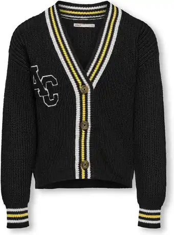 Bol.com ONLY KOGFIA L/S COLLEGE CARDIGAN KNT Meisjes Vest - BlackDetail:w. Cloud dancer and Misted yellow - Maat 110/116 aanbieding