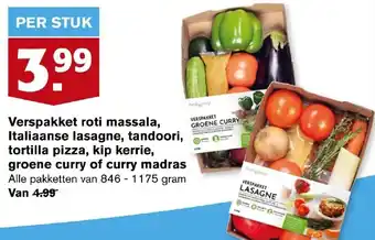 Hoogvliet Verspakket roti massala, Italiaanse lasagne, tandoori, tortilla pizza, kip kerrie, groene curry of curry madras 846-1175g aanbieding