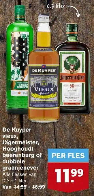 Hoogvliet De kuyper vieux, Jagermeister, hooghoudt beerenburg of dubbele graanjenever 0.7-1L aanbieding