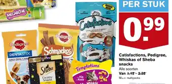 Hoogvliet Catisfactions, Pedigree, Whiskas of sheba snacks aanbieding