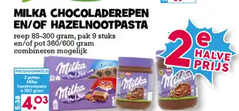 Boon`s Markt Milka chocoladereep of Hazelnootpasta 2st aanbieding