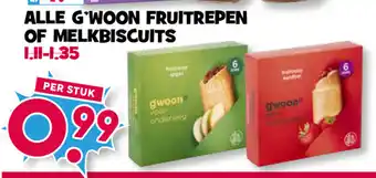 Boon`s Markt G'woon Fruitrepen of Melkbiscuits aanbieding