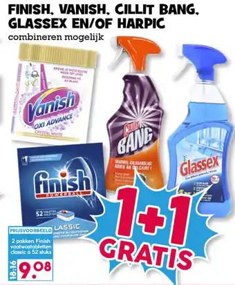 Boon`s Markt Finish, Vanish, Cillit Bang, Glassex en Harpic 1+1 aanbieding